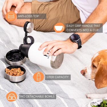 Пляшка для води Miracle Pets для собак, дорожня термобутилка 1 л, BPA-free, з мискою, аксесуари для цуценят, чорна з кришкою