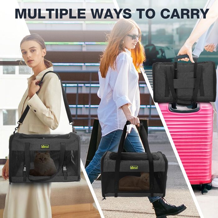 Транспортна переноска для тварин, схвалена TSA, 43.2 x 30 x 24.1 см, м'яка переноска для котів та собак, до 5.4 кг, з туалетом для котів (20x13x13 см), чорна