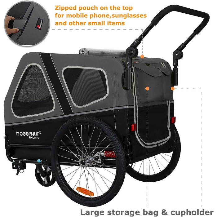 Doggyhut S-Line XL Візок-причіп для собак з амортизацією 2-в-1, велосипедний причіп та біговий візок для собак до 45 кг