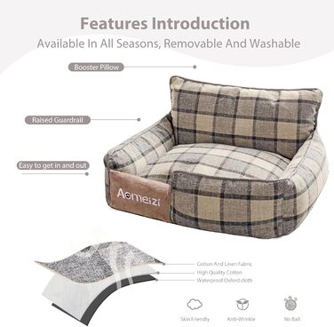 Ортопедичне ліжко для собак середніх та великих порід PETCUTE з знімним та миючим чохлом, антиковзаюче дно, м'яке диван-ліжко, сірий колір, з підголівником