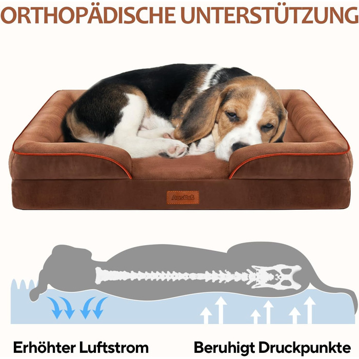 Ортопедичне ліжко для собак AUSCAT, 60x45 см, коричневе. Знімний, водонепроникний чохол, антиковзаюча підставка.