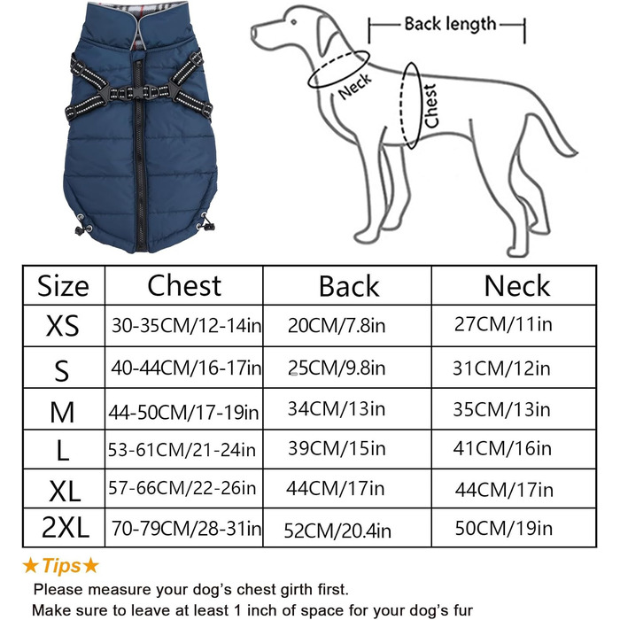 Водонепроникний теплий одяг для собак, жилет-шлейка з відбиваючими елементами, зимовий одяг для цуценят з нагрудником, для прогулянок на вулиці, регульований нагрудник - Морська синя - L (довжина спини: 39 см)