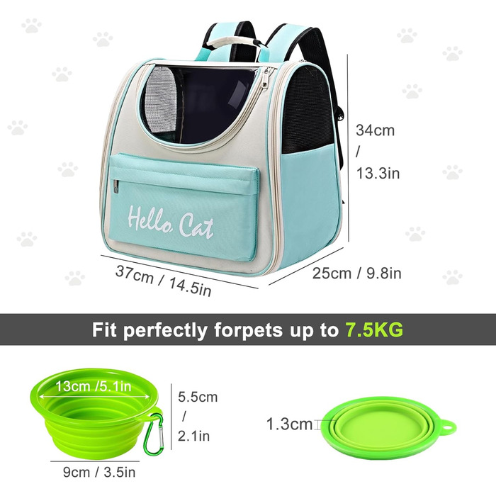 Рюкзак для тварин Surmounty з сіткою, складаний рюкзак для кота/собаки з мискою для подорожей, водонепроникний оксфорд, до 15 кг (зелений)