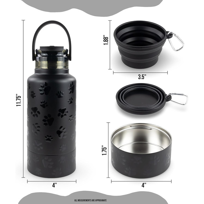 Водяна пляшка для собак Hogg Hydro Hound: портативна миска, ізотермічна, з нержавіючої сталі, чорний дизайн з відбитками лап