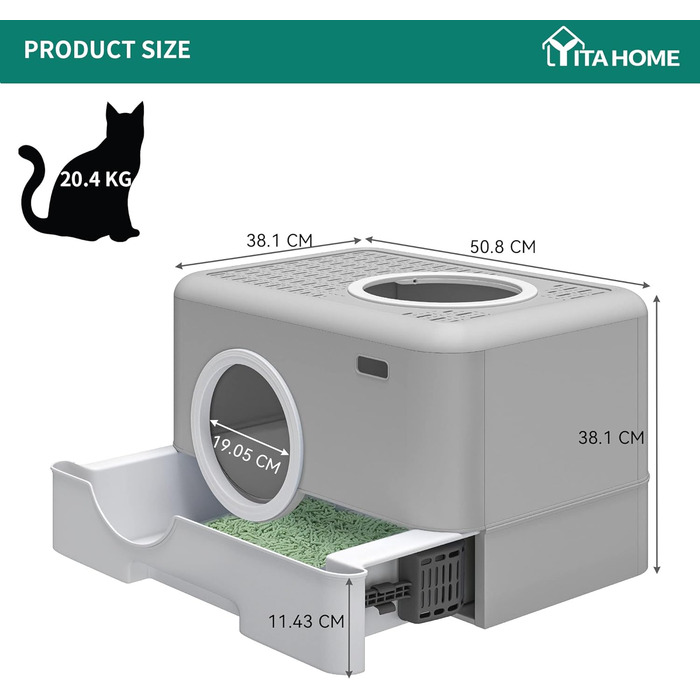Туалет для котів з кришкою YITAHOME, великий, із шухлядою та совком, без запаху, сірий