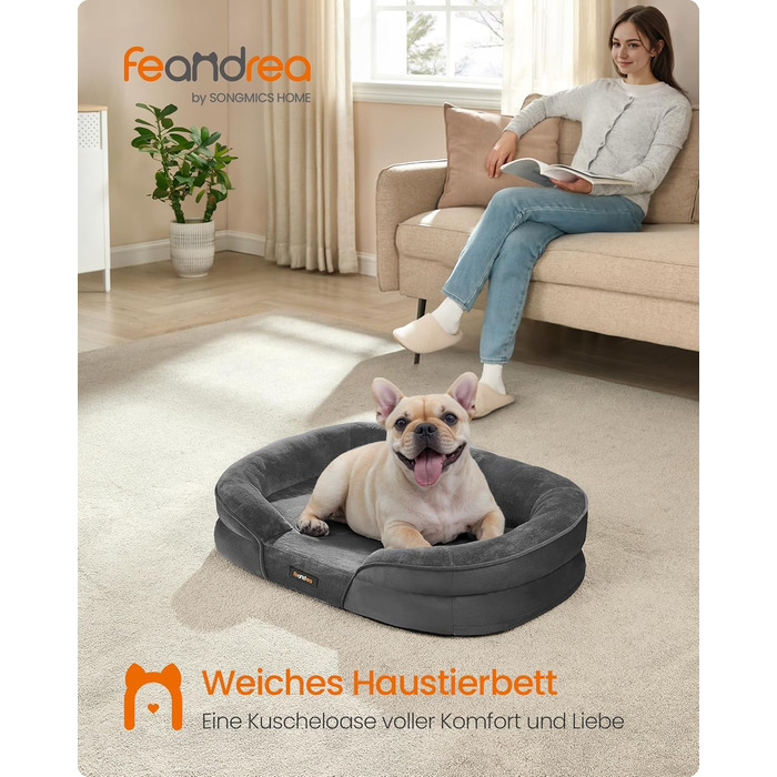 Feandrea лежанка для собак, ортопедична, 76 x 51 x 18 см, сірий колір, для середніх собак, знімний, водонепроникний чохол, протиковзна