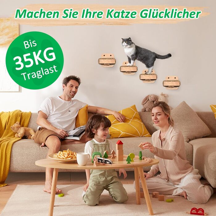 Сходинка для котів SIYUNTECH® на стіну (4 шт.), ігровий комплекс для котів, з дерев'яною платформою, з масивного гумового дерева 2 см, для лазіння та ігор, максимальне навантаження 35 кг, жовтий, 4 шт.