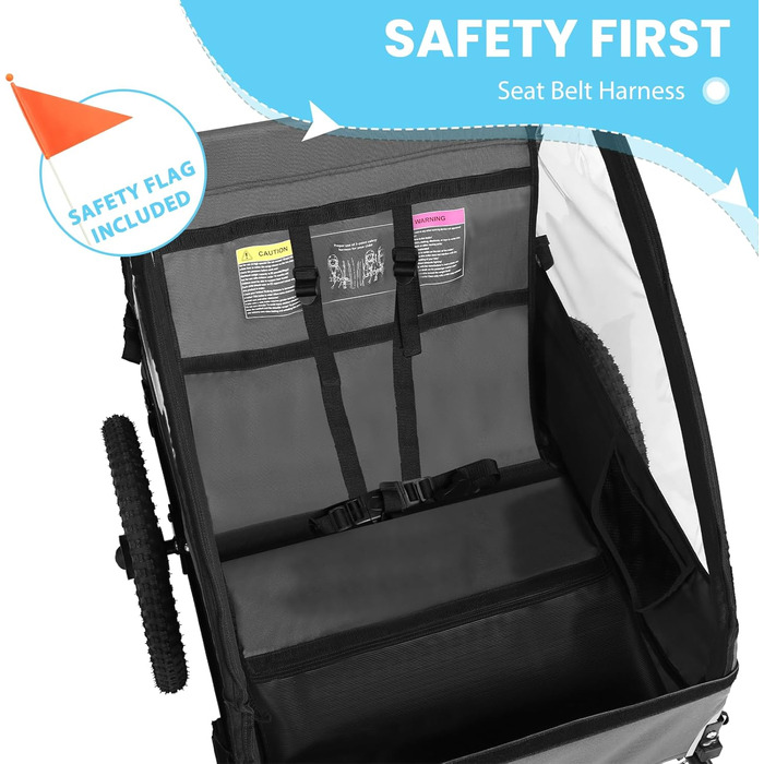 Причіп для велосипеда Sepnine для дітей, на 1 або 2 дітей, від 12 місяців, швидке кріплення, складний, з 5-точковим ременем та кишеньками для зберігання, BT609S-Black