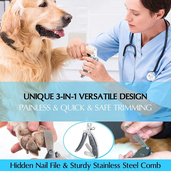 Набір для догляду за нігтями домашніх тварин 3-в-1: тример, пилка, гребінець. Підходить для собак та котів будь-якого розміру. З нержавіючої сталі, професійний, портативний