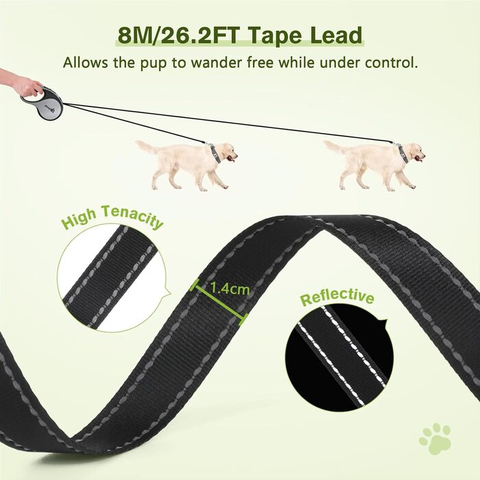 Рулетка для собак Pecute 8м, 50 кг, зелена, з антиковзним ручним гальмом