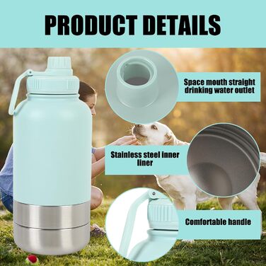Поїлка для собак на прогулянці 950 мл – ізольована сталева поїлка з мискою для їжі та води, портативна, BPA-free, для подорожей, прогулянок та активного відпочинку (Світло-блакитний, L)