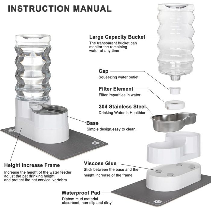Автоматичний поїльник для тварин Sfozstra, нержавіюча сталь, 9L, з водонепроникним підкладкою та піднятим краєм для котів та собак