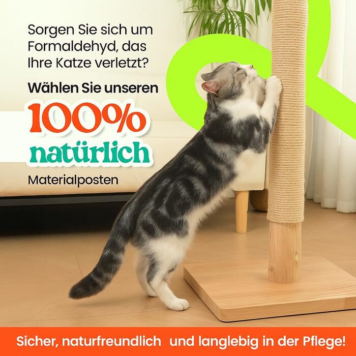 Преміум кігтеточка для котів 89 см - з натурального березового дерева, сизалевого мотузка, дерев'яної основи з березовим шпону, ідеальна для великих котів, безкоштовний запасний мотузок