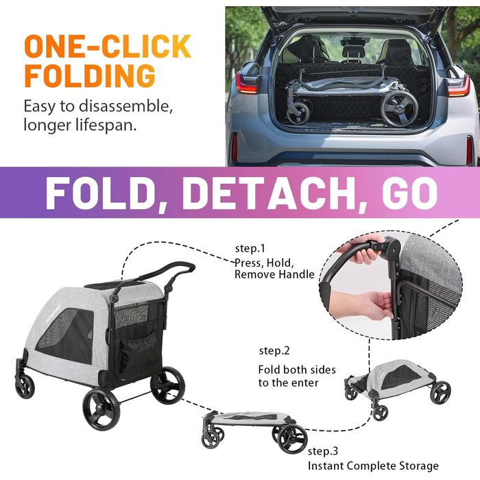 Візок для собак EchoSmile для середніх та великих собак до 70 кг, сірий, складний, з сітчастими віконцями та регульованою ручкою, 4 проходимі колеса