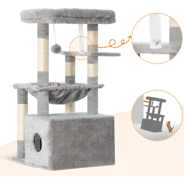 Котячий будиночок Heybly HCT008SW: міцний котячий будиночок з великим м'яким лежаком, місцем для сну та сизалевими стовпчиками для дряпання, сірий