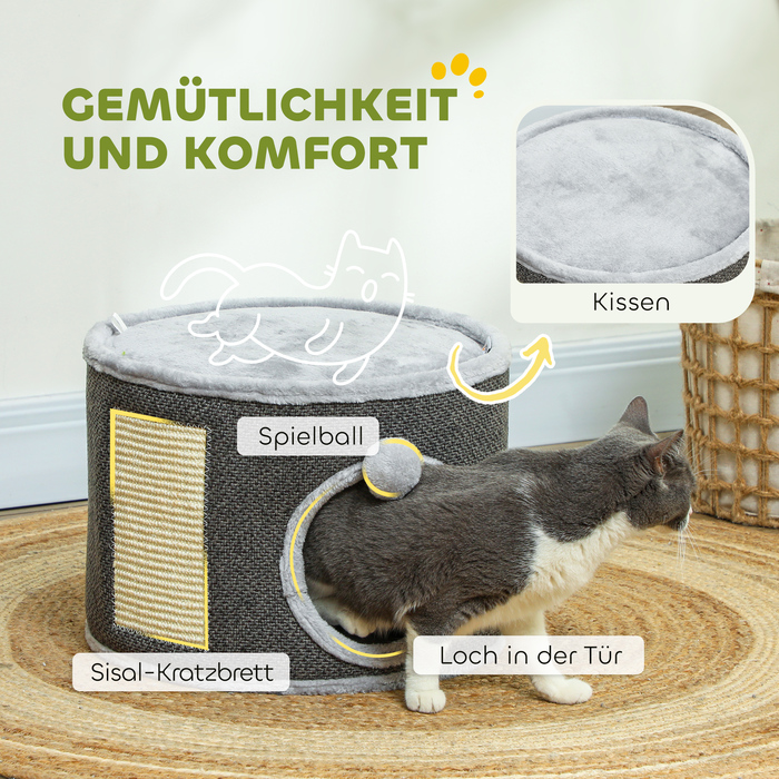 Бочка для дряпання PawHut, висота 30 см Бочка для кішок з печерою, кігтеточка, котяча вежа з сизалю, для котів до 5 кг, темно-сіра | Аосом