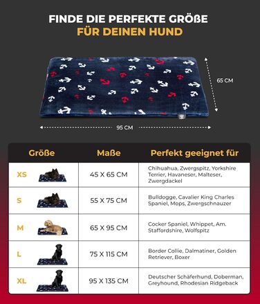 Лежак для собак HS-Hundebett® середній 65x95 см, двосторонній, м'який, 3 см наповнювач, для дивану, авто і переноски, анкер синій, вироблено в Німеччині