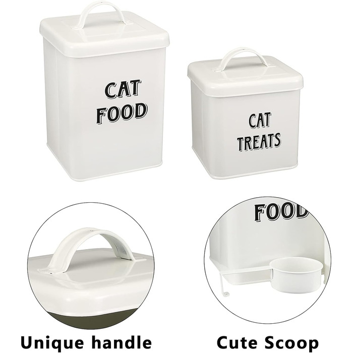 Контейнери для корму Morezi (2 шт.), з вуглецевої сталі, з герметичним кришкою та ложкою, для зберігання корму для собак, котів та інших тварин. Білий колір.