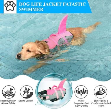 Жилет для плавання для собак Fragralley Hai, Ripstop, для плавання та катання на човні, жилет для собак з чудовою плавучістю та рятувальною ручкою (Medium, Рожевий-Hai)
