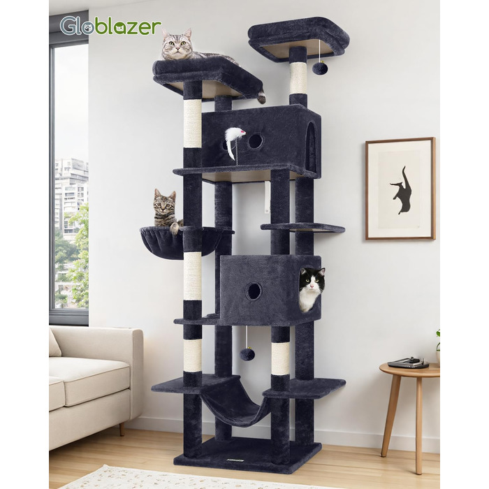 Комплекс для котів Globlazer XXL (204 см) для 3-5 великих котів, темно-сірий: будиночки, платформа, гамак, іграшки