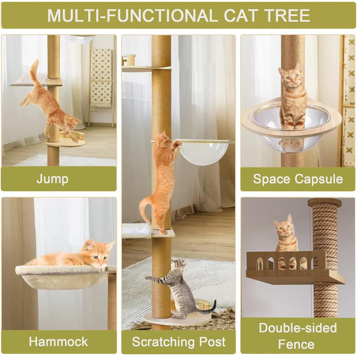 Котячий кігтетоп на стелю Kratzbaum, кігтетоп-капсула, гамак для котів, повністю обмотаний сизалевим мотузком, ширина 11 см, висота до стелі (240-250 см, 265-275 см T04)