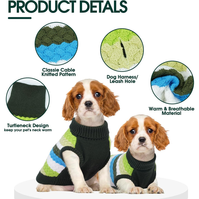 Теплий пуловер для собак Kuoser Warer для маленьких та середніх собак, флісова піджака для зими (S, Зелений)