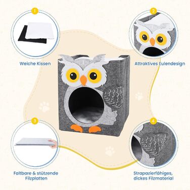 Двоповерховий будиночок для котів Dripex з фетру з подушкою, 30 x 35 x 35 см (Сова)