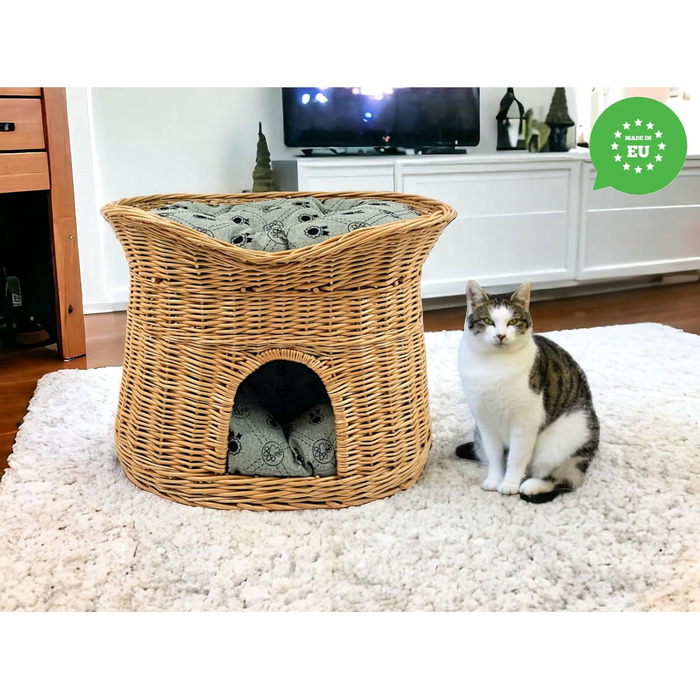 Кошик для кота зі спального місця, котяча хата з лози 60 см, двоповерхове ліжко для котів і собак з м'якою сірою подушкою, натуральний колір