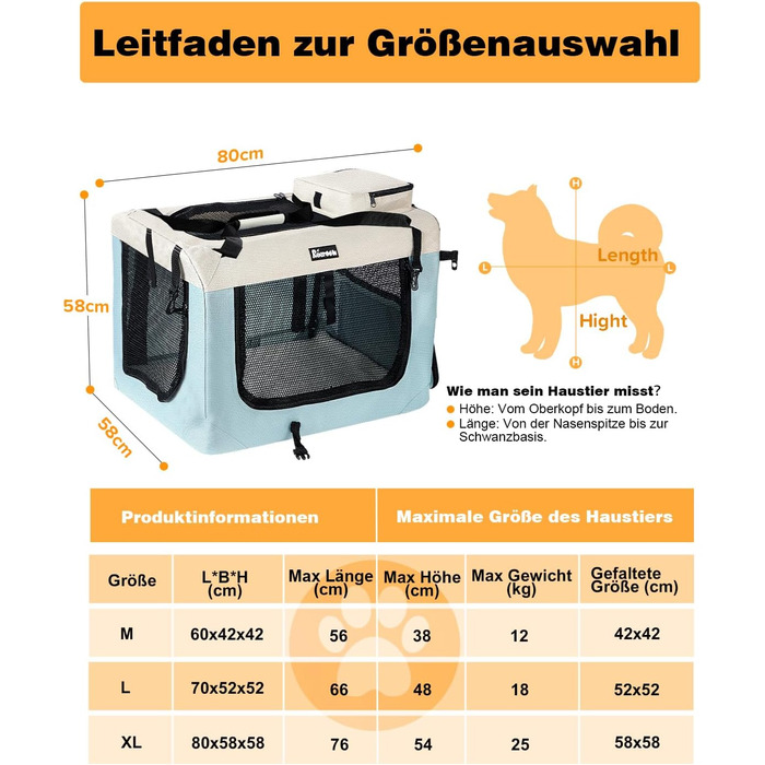Транспортна переноска для собак та котів XL, 81x58x58 см, складана, з мисками, блакитна