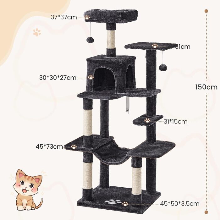 Кігтеточка для котів MSmask велика, 150 см, сіра, з 2 платформами, 2 будиночками, гамаком та сизалевими стовпчиками