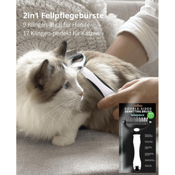 Щітка для собак та котів - двостороння щітка для видалення підшерстка та вичісування, 17/9 зубців, ручка Pinguin, для довгої та короткої шерсті, м'який догляд за шерстю та видалення підшерстка
