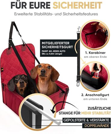 Автокрісло для собак HELDENWERK Extra Stabiler - надійне, водонепроникне, з 5 ременями, для заднього та переднього сидіння (Червоний, Стандартний розмір)