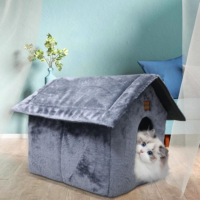 Whiwhi плюшева котяча хатка з м'якою подушкою, переносна котяча будка з нековзкою основою, теплий та затишний будиночок для котів і дрібних тварин, 40x35x40 см, темно-синій