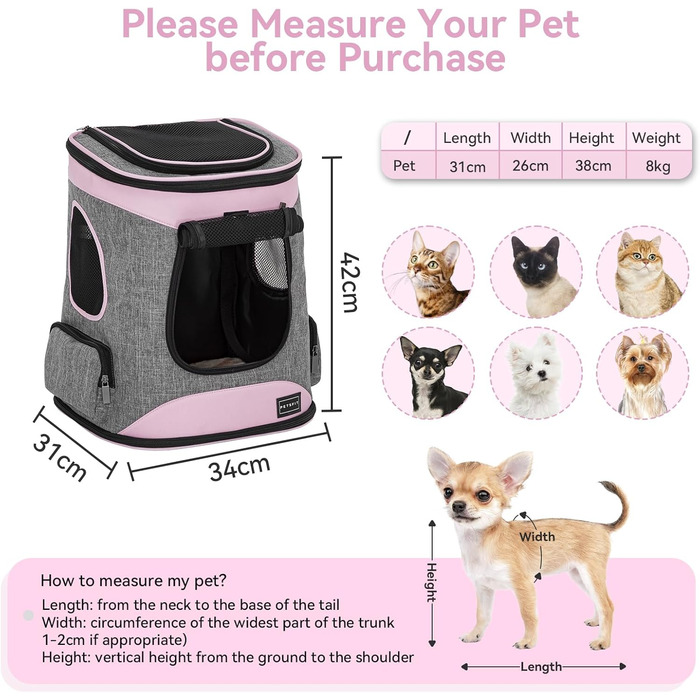 Рюкзак для кота та собаки Petsfit - зручний та дихаючий, до 5 кг, з сіткою та регульованим ременем, зелений (сірий & рожевий)
