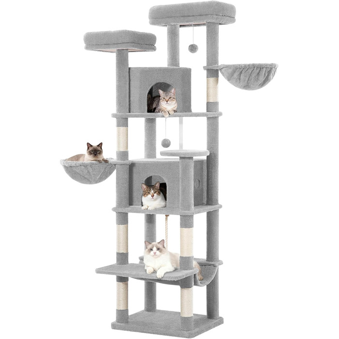 Котячий будиночок Kratzbaum Groß 216 см: великий, стабільний, з 2 печерами, 2 платформами, 2 кошиками та гамаком для дому. FPMS007FG1 (50x40x175 см, світло-сірий)