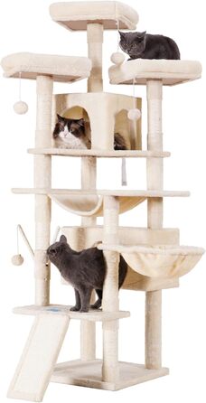 Hey-brother XL Котячий комплекс-будиночок, бежевий – велика котяча вежа з гамаками, кошиком, когтеточками, двома будиночками, м'якими полицями, стійкий і затишний центр для котів