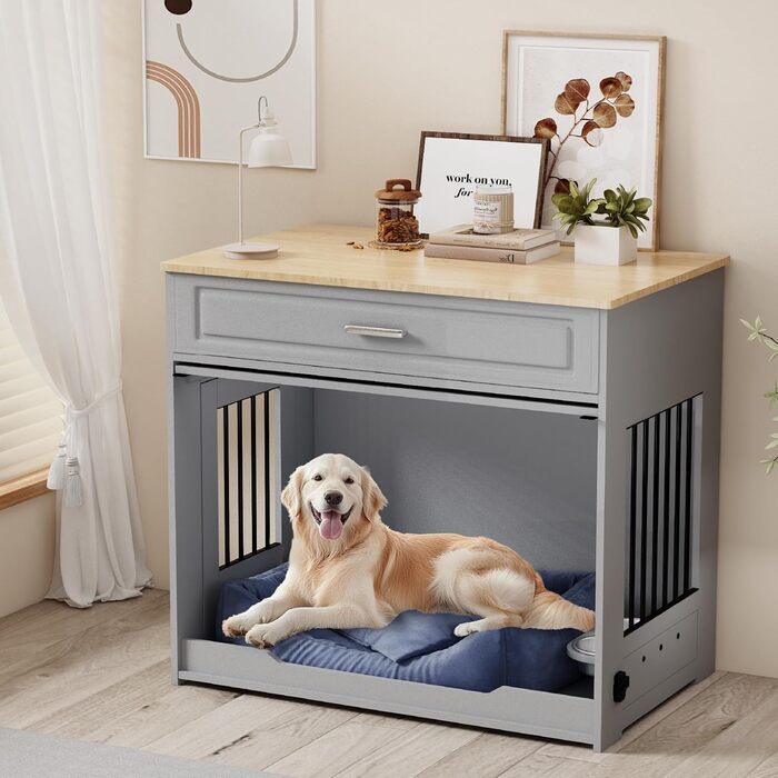 DAWNYIELD Клітка для собак, меблі, дерев'яна з відкидною дверцятами та шухлядою, стиль меблів, внутрішній вольєр для собак, стіл з поворотним миском на 360°, білий колір, біла розсувна дверцята (сіра розсувна дверцята)