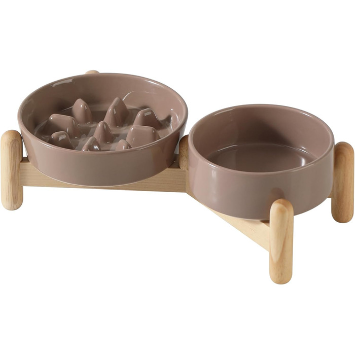 Підвищений годівниця для собак та котів Havniva з кераміки, для повільного годування, 13 см та 15,5 см миски, дерев'яний підставник, 2 шт. світло-зелений + підставка