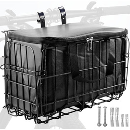 Складаний велосипедний кошик SUQ з чорною нейлоновою сумкою, сталева велосипедна корзина, для тварин, покупок, подорожей, кемпінгу та відпочинку на природі (Чорний)