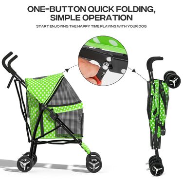 Візок для собак маленьких порід, 4,5-10 кг, візок для цуценят, візок для середніх собак, візок для котів, візок для 2 котів, задній простір для зберігання, леопардовий принт (зелені крапки)