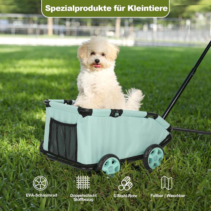 Складаний візок для маленьких тварин: візок-шопер з кишенькою, зручний ручка-телескопічний тягач, м'яке ліжко та страхувальний ремінь (Темно-зелений, Блакитно-зелений)
