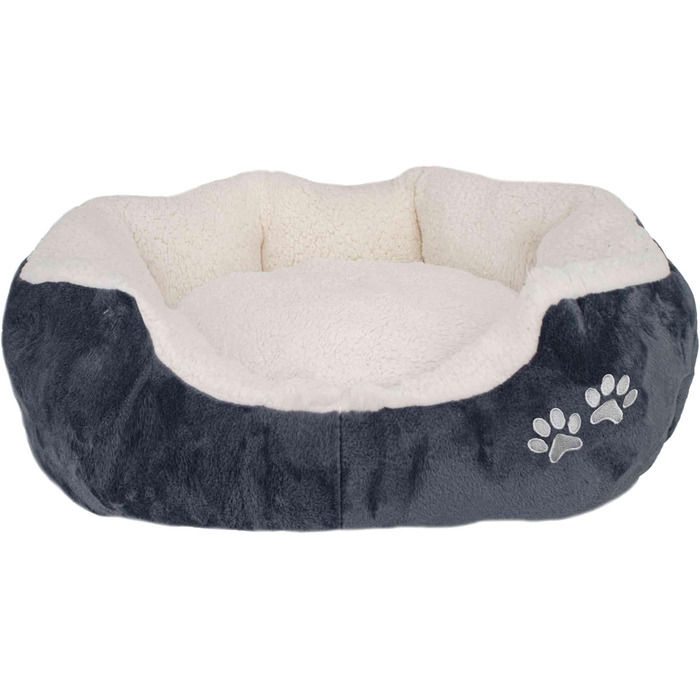 М'яке та пухнасте ліжко для собак та котів 57x52x16 см - зручне лежання з підвищеним бортиком, антиковзаюче дно, міцне та легке у догляді - біле/графіт