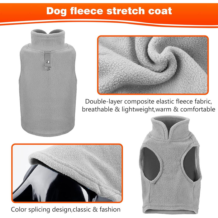Теплий зимовий жилет для собак PETCUTE з отвором для повідка, сірий, для малих, середніх та великих собак