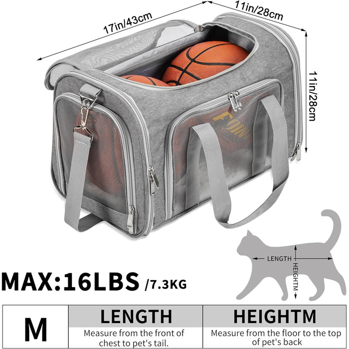 Транспортна сумка для котів/собак/домашніх тварин, складна, сірого кольору, для великих котів/маленьких собак, з плечовим ременем та знімною підстилкою, сітка, до 7,3 кг, розмір M (43x28x28 см)