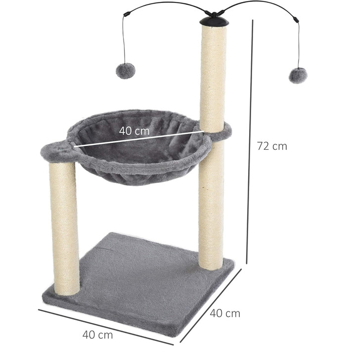 Дерево для котів PawHut з гамаком, когтеточкою та іграшкою, сірого кольору, 40x40x72 см
