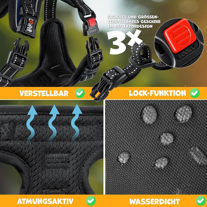 Шлейка для собак LOVPET® без натягу та тяги для маленьких собак та цуценят, дихаюча та м'яка, світловідбиваюча | Безперетягувальна шлейка з ручкою та рулонами для відходів | Регульована шлейка Navy Blue - L Navy Blue