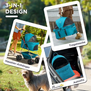 Складний ящик для собак PawHut 3 в 1 Dog Buggy Foldable Dog Box, складна транспортна сумка з підстаканником, Dog Buggy, Котяча коляска з колесами 360° Cat Buggy для міні собак до 4 кг, бірюзовий | Аосом
