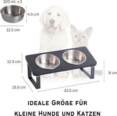Підвищена годівниця для котів, ергономічна миска для котів, годівниця з кераміки та дерева, піднята годівниця для котів та маленьких собак (Noir - нержавіюча сталь)