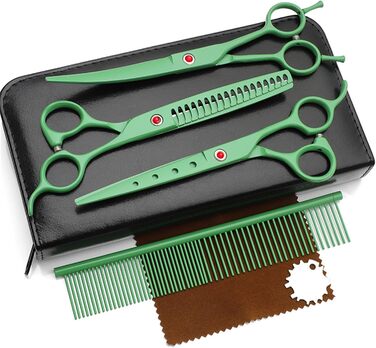 Набір професійних ножиць для собак 4 в 1: прямі, зубчасті, вигнуті ножиці + гребінець. Підходить для собак, котів та інших тварин