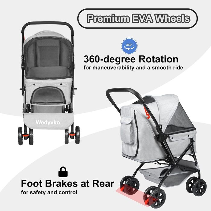 Візок для собак Wedyvko до 20 кг, 4 колеса, складний, для маленьких/середніх собак та котів, з кошиком та тримачем для напоїв, зелений (сірий)